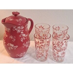 Temp-tations by Tara Floral Lace Red 2 Qt Pitcher & 4 Matching Floral Glasses